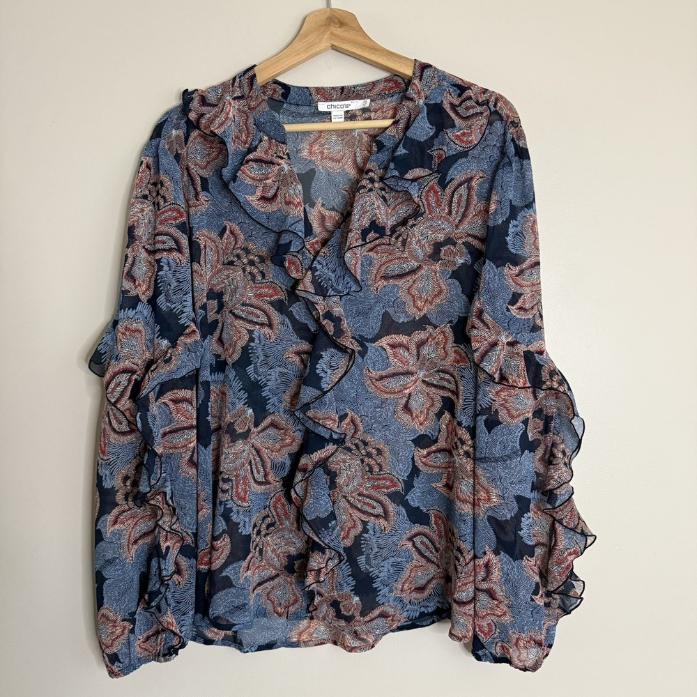 Chicos Navy Coral Floral Ruffle Sheer Long Sleeve‎ Blouse 14US Women's